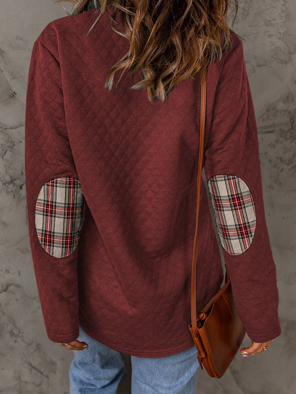 Fiery Red Plaid Trim Sweatshirt with Geometric Detail