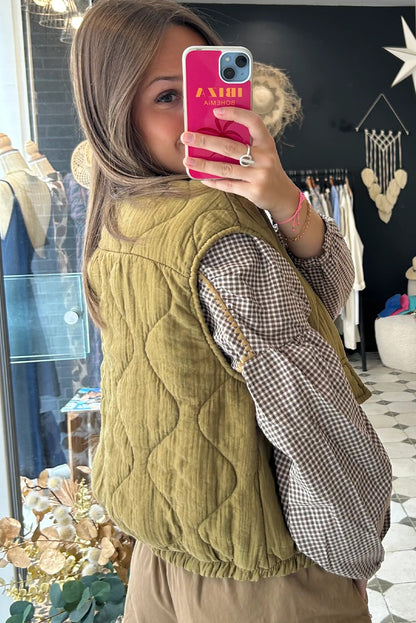 Sage Green Playful Quilted Zip Up Elastic Hem Vest