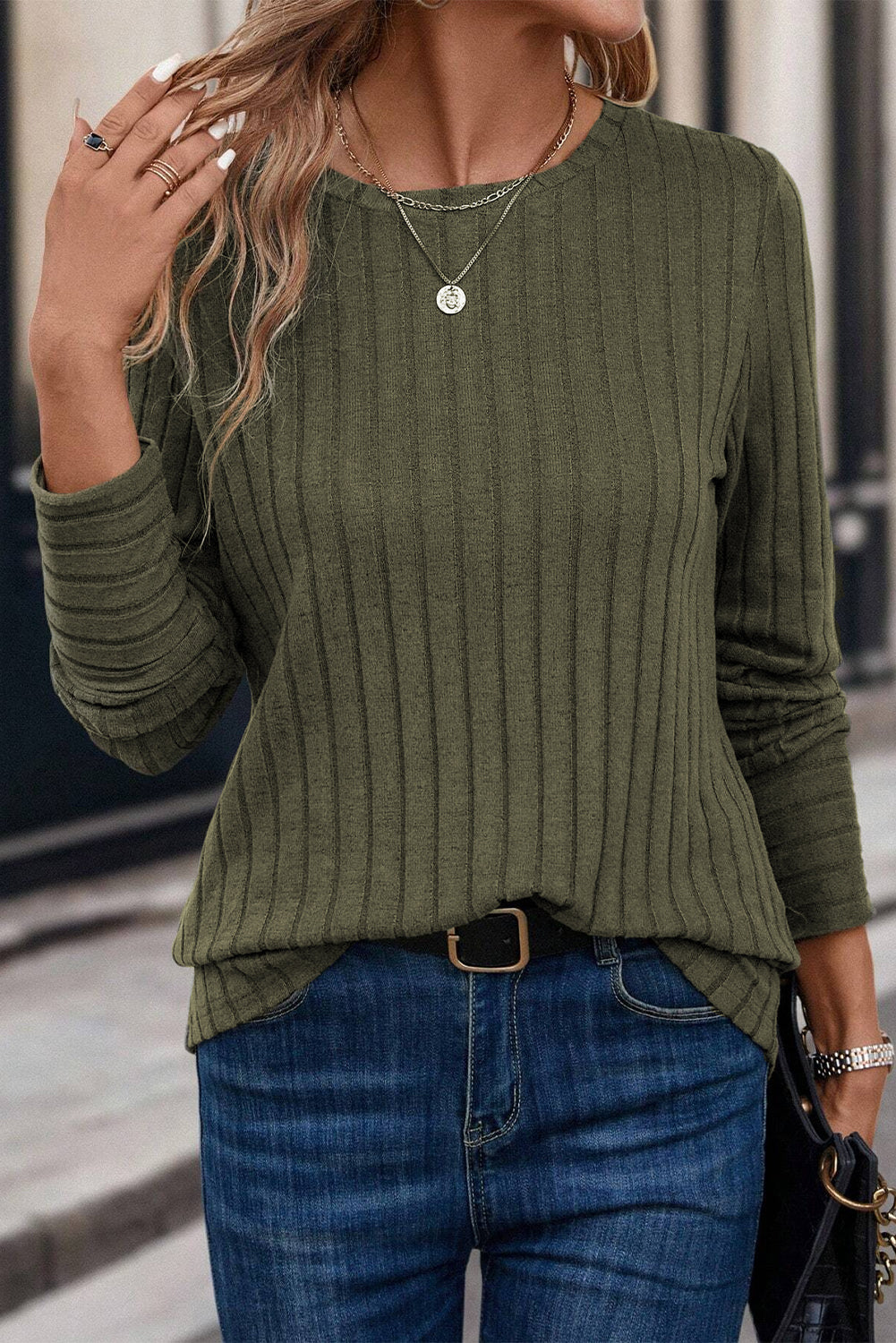 Green Ribbed Knit Long Sleeve Tee
