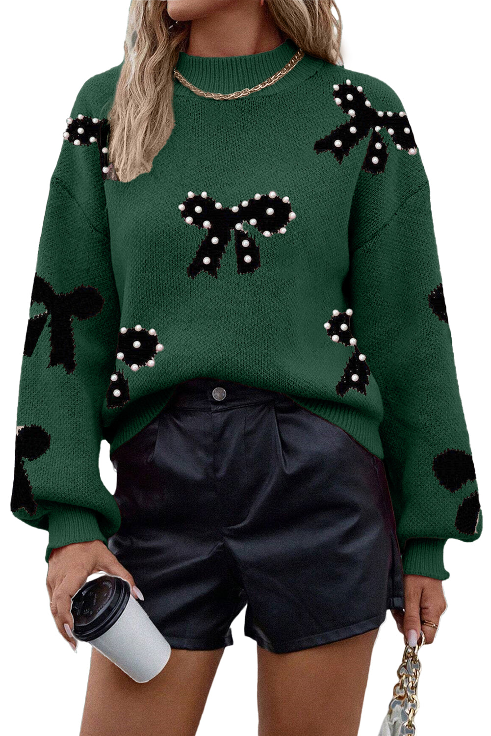 Blackish Green Pearl Embellished Bow Pattern Loose Sweater