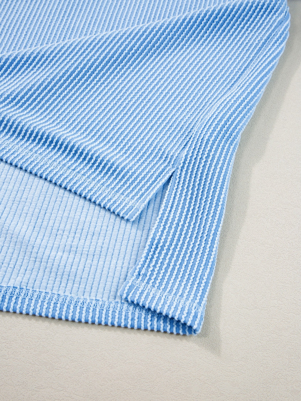 Light Blue Plus Size Ribbed Lounge Set with Long Sleeve Top and Drawstring Shorts