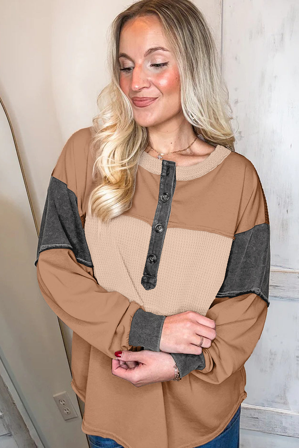 Khaki Color Block Waffled Patchwork Loose Henley Top
