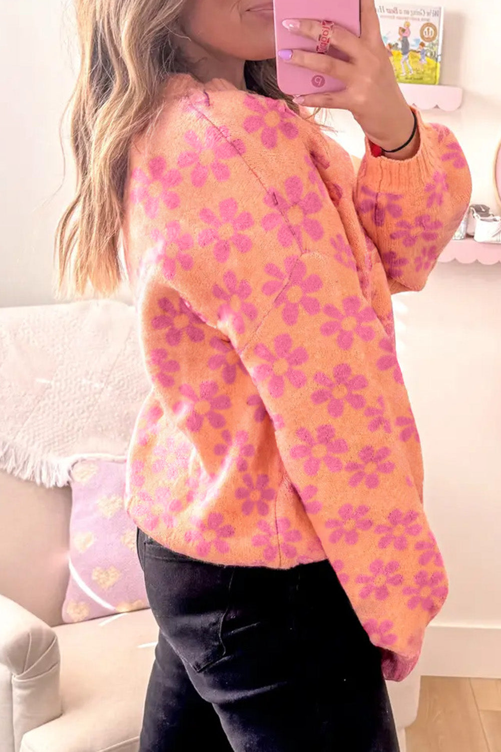 Grapefruit Orange Ribbed Trim Flower Pattern Loose Sweater