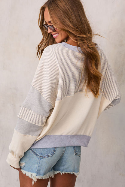 Beige Stripe Round Neck Baggy Pullover Sweatshirt