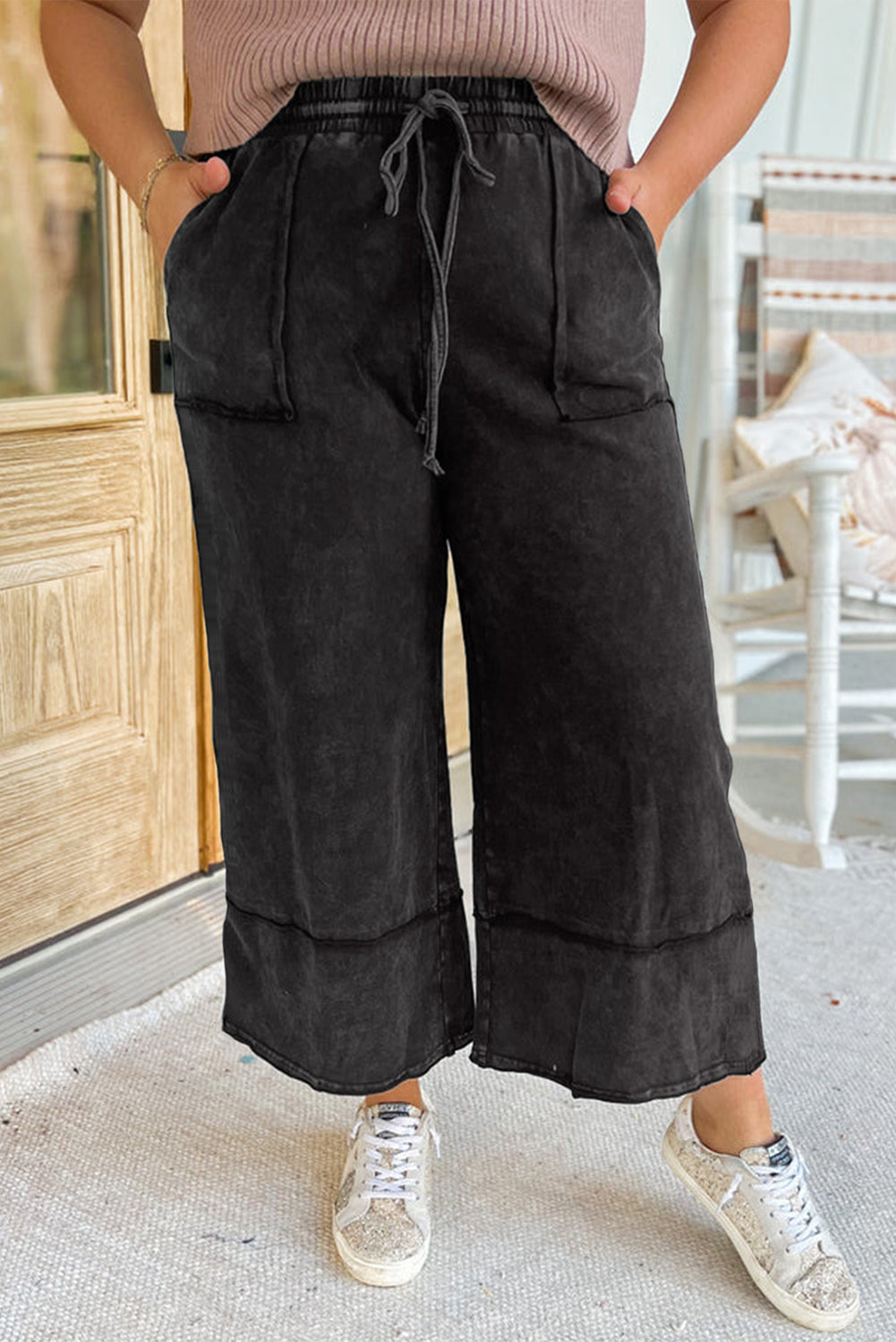 Midnight Mineral Wash Wide Leg Capri Pants with Exposed Seams