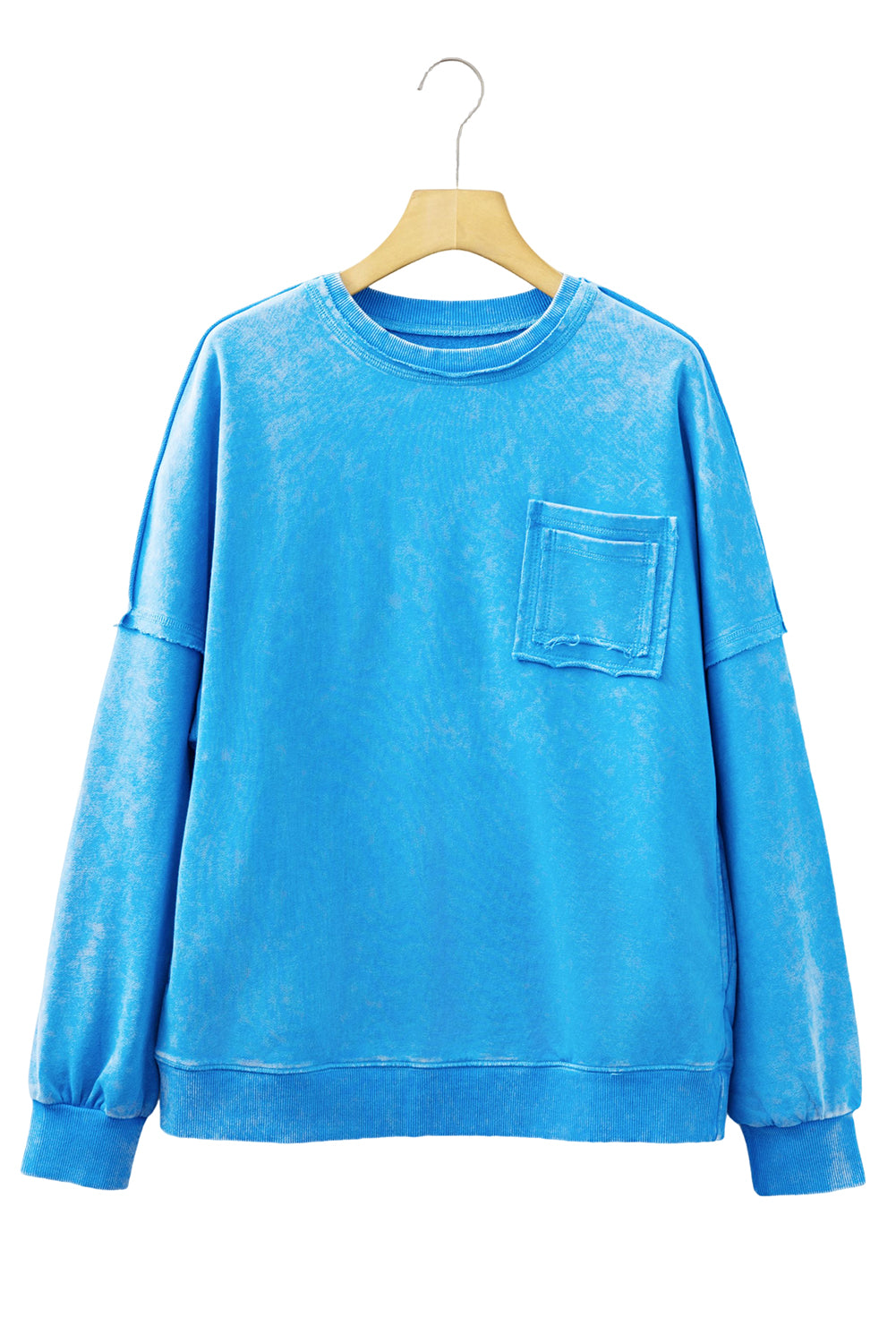 Blue Mineral Wash Raw Seam Double Patched Pocket Drop Shoulder Sweatshirt