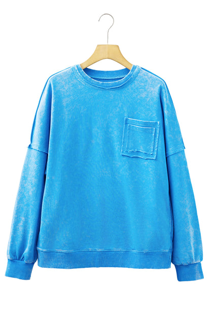Blue Mineral Wash Raw Seam Double Patched Pocket Drop Shoulder Sweatshirt
