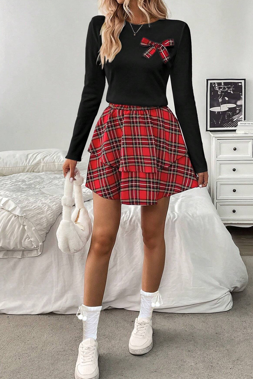 Red Long Sleeve Tee Plaid Bow Decor Ruffle Mini Skirt 2pcs Set