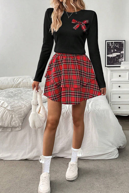Red Long Sleeve Tee Plaid Bow Decor Ruffle Mini Skirt 2pcs Set