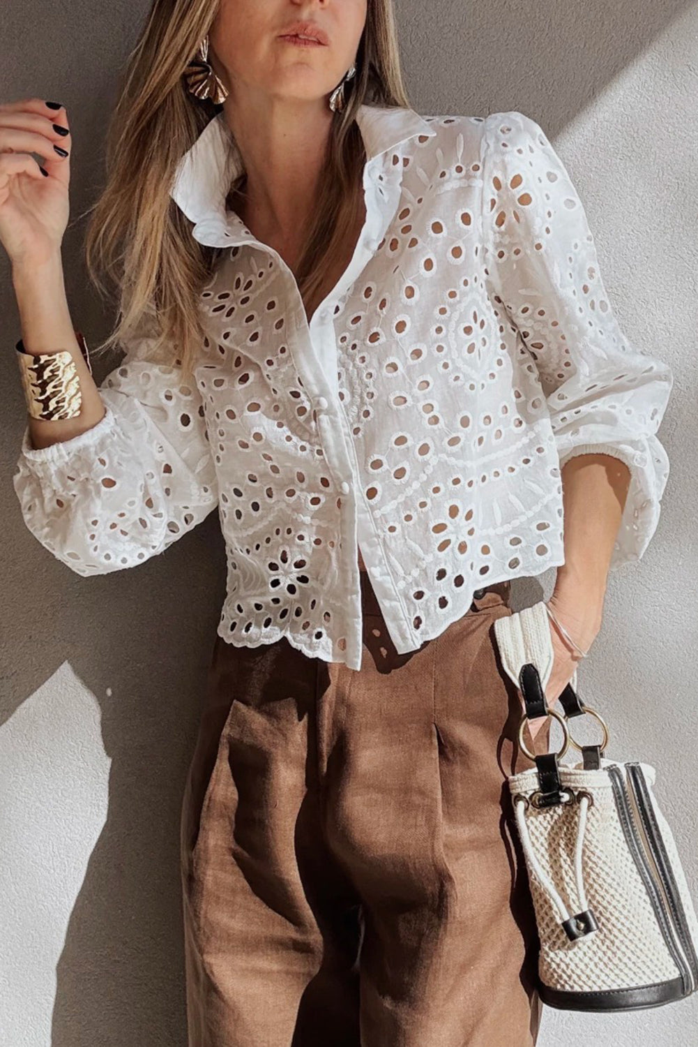 White Eyelet Embroidered Puff Sleeve Crop Shirt