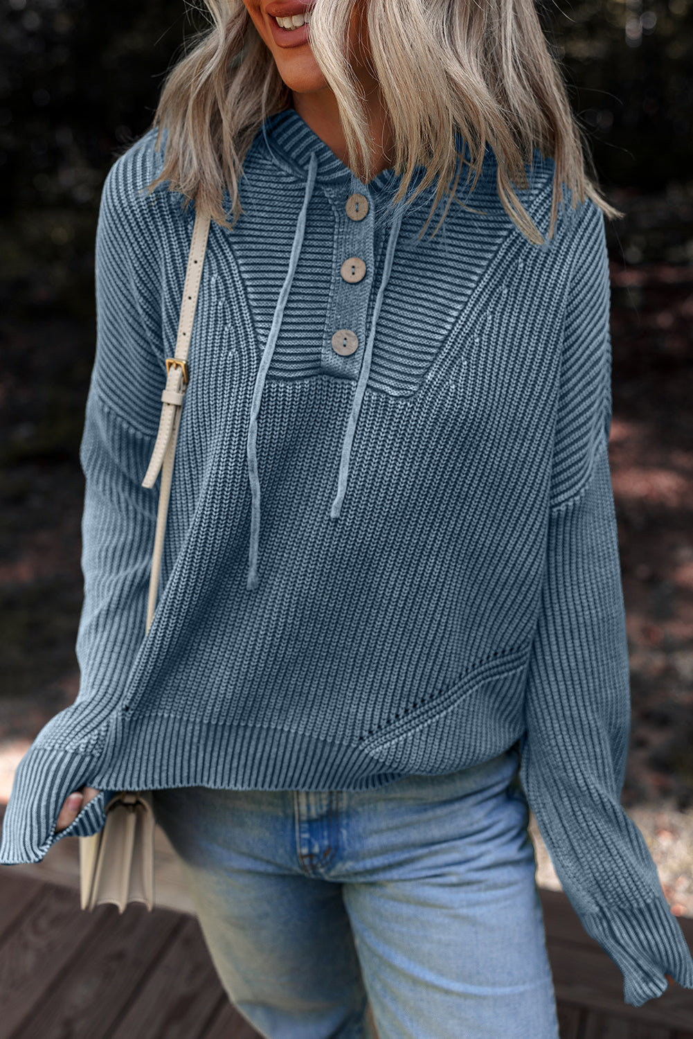 Sail Blue Mineral Wash Ribbed Knit Button Drawstring Neck Hooded Sweater