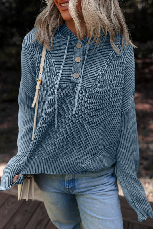 Sail Blue Mineral Wash Ribbed Knit Button Drawstring Neck Hooded Sweater