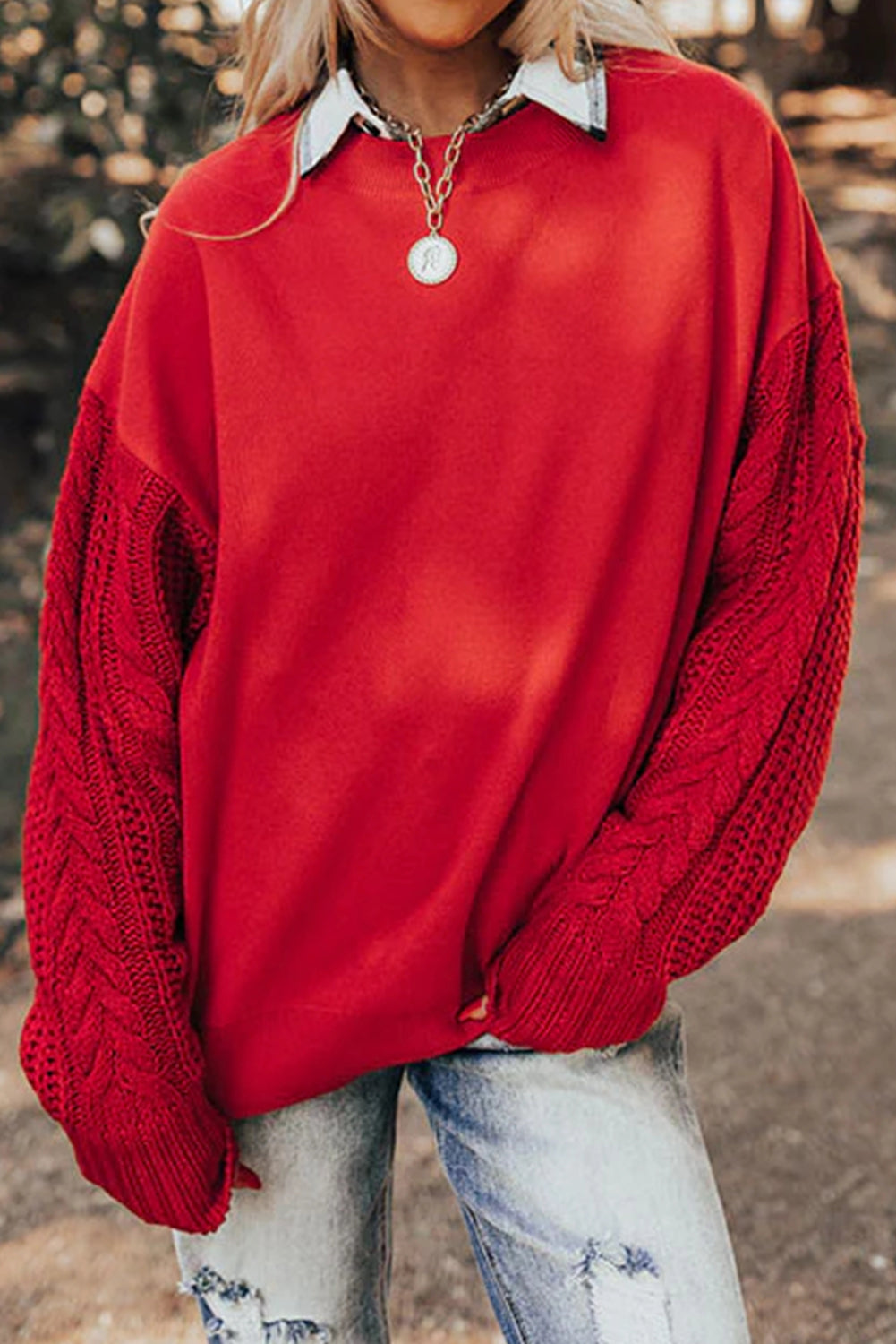 Fiery Red Cable Knit Textured Patchwork Sleeve Slouchy Sweater