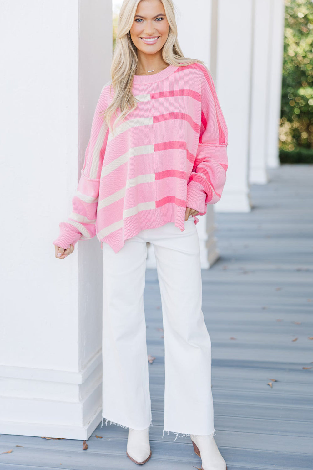 Pink Stripe Round Neck Ribbed Knit Exposed Seam Oversize Sweater