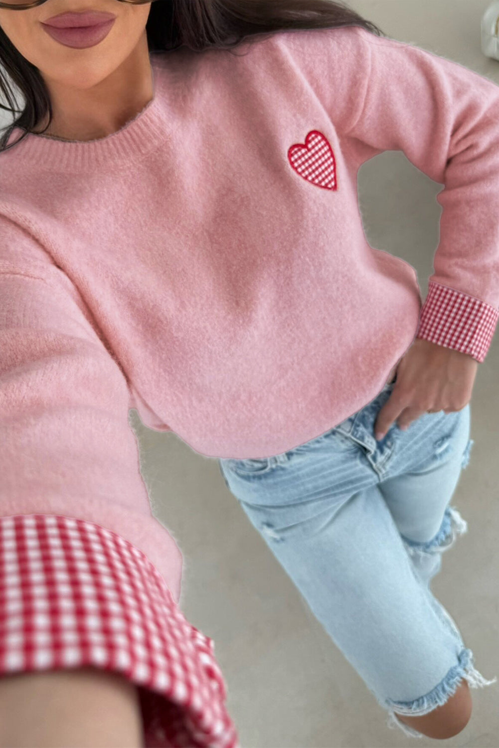 Light Pink Plaid Heart Patched Contrast Cuffs Drop Shoulder Crew Neck Sweater