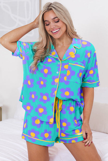 Green Floral Print V-Neck Short Sleeve Pajama Set