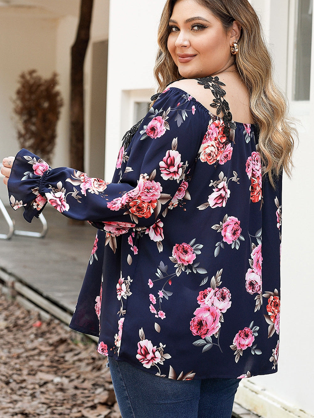 Navy Blue Floral Crochet Cold Shoulder Plus Size Blouse