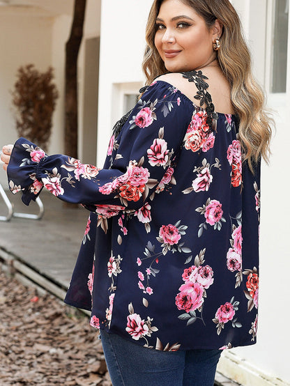 Navy Blue Floral Crochet Cold Shoulder Plus Size Blouse