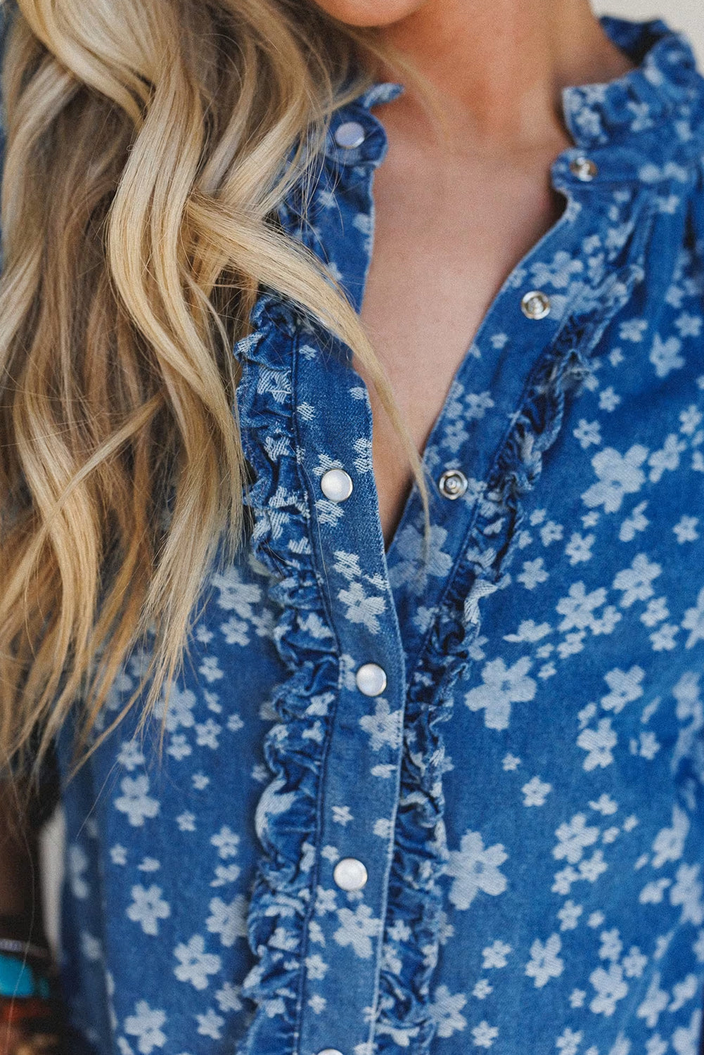 Blue Floral Print Frilled Trim Button Down Long Sleeve Denim Shirt