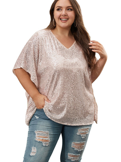 Apricot Plus Size Sequined V Neck Boxy Top