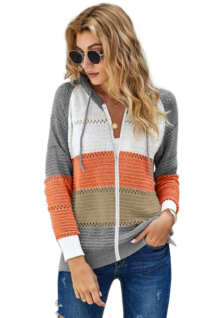 Gray Colorblock Knit Hoodie with Zipper Detail