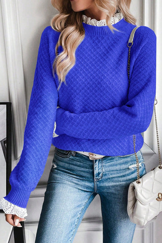 Dark Blue  Contrast Lace Frilled Trim Raglan Sleeve Sweater