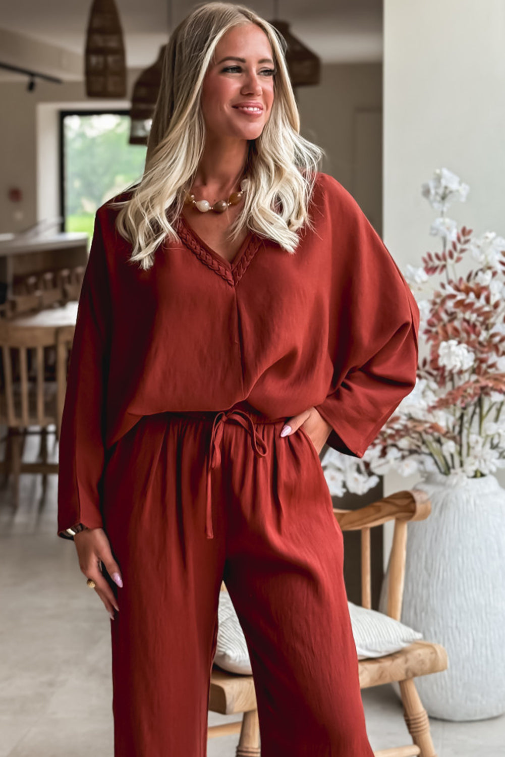 Clay Braided V Neck Long Sleeve Loose Top and Drawstring High Waist Pants 2pcs Outfit