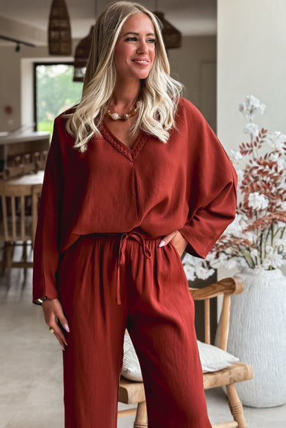 Clay Braided V Neck Long Sleeve Loose Top and Drawstring High Waist Pants 2pcs Outfit