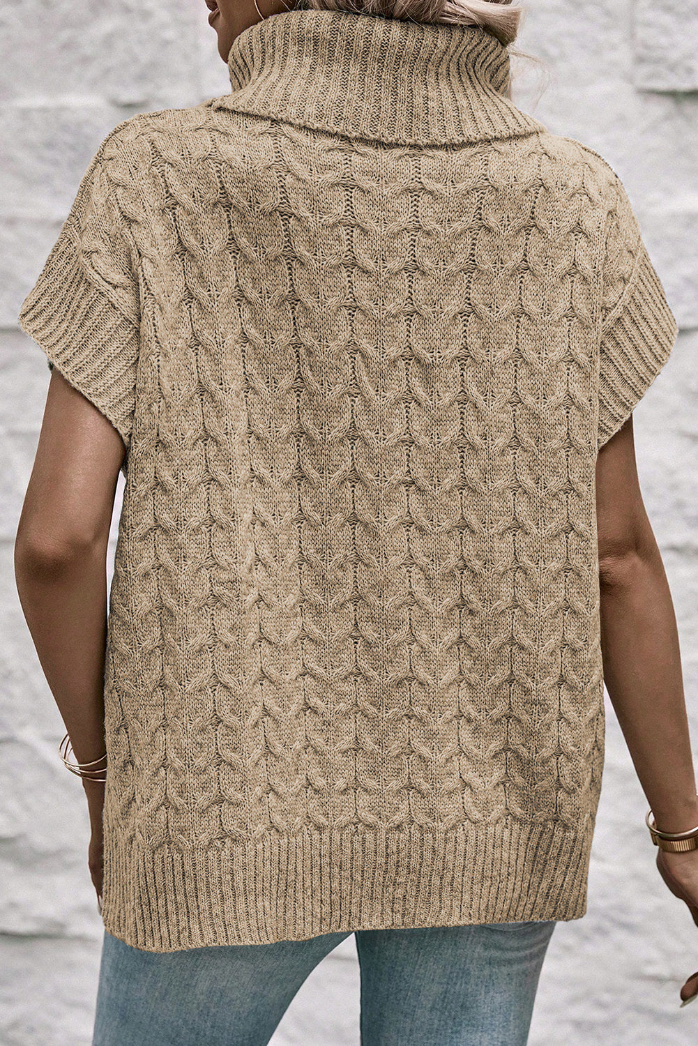 French Beige Cable Knit Turtleneck Batwing Sleeve Sweater with Unique Details