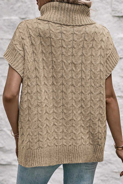 French Beige Cable Knit Turtleneck Batwing Sleeve Sweater with Unique Details