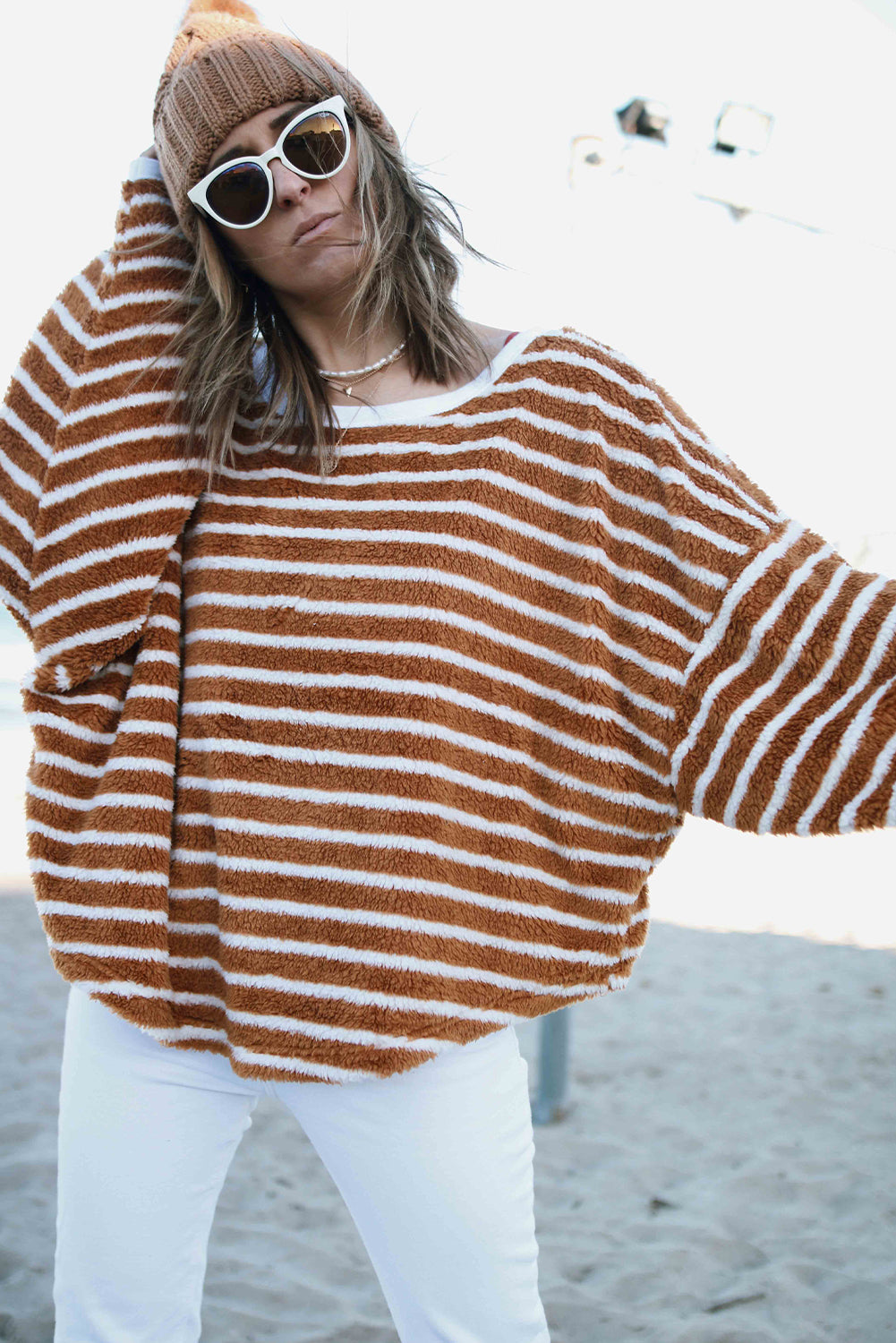 Brown Stripe Plush Drop Shoulder Round Neck Baggy Sweatshirt