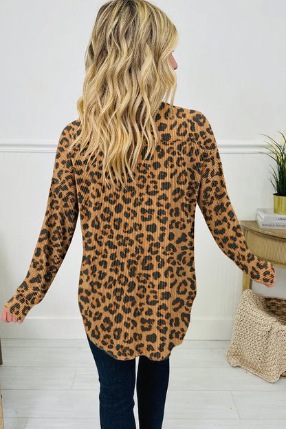 Brown Drop Shoulder Ribbed Texture Button Down Shacket