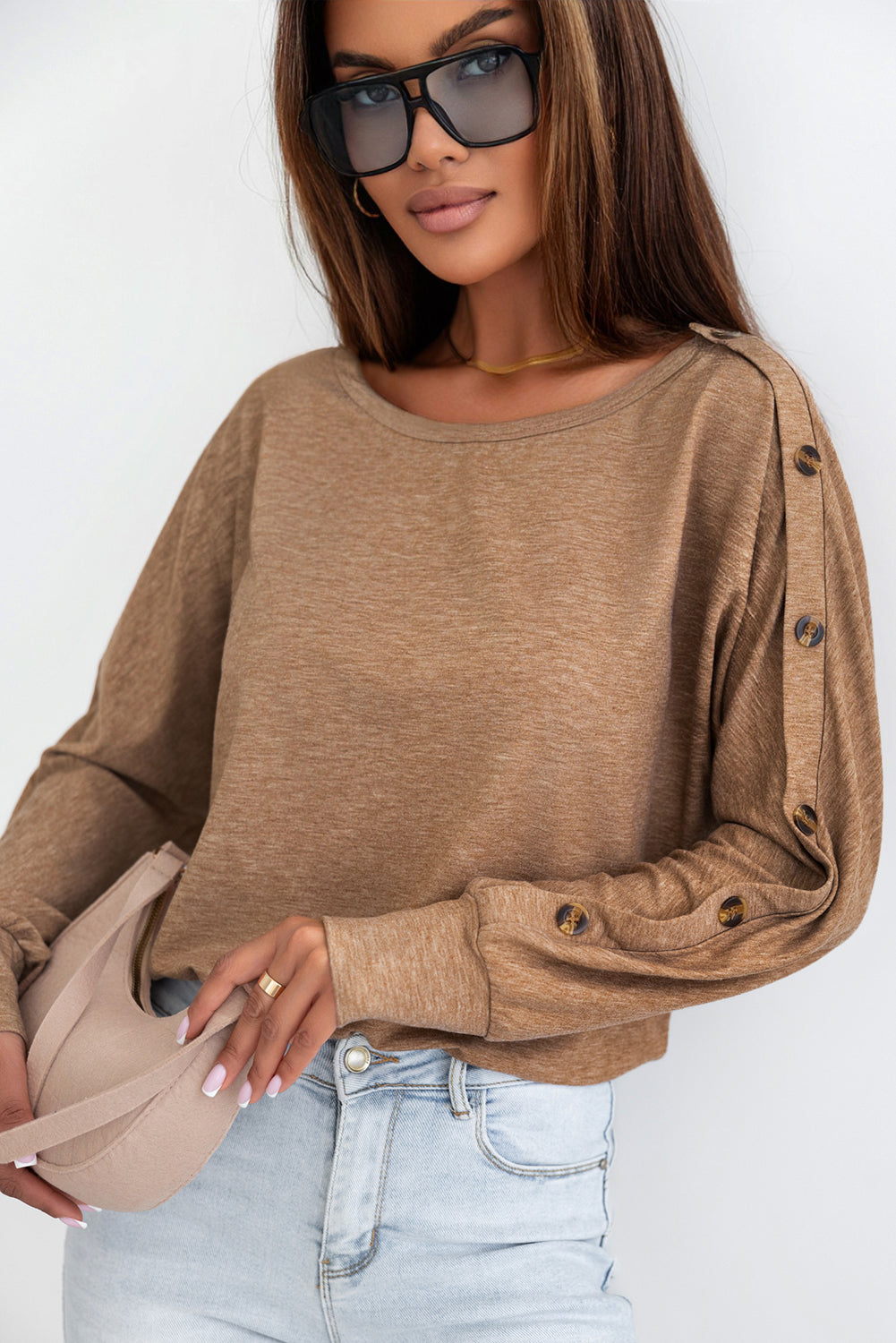 Elegant Khaki Dolman Sleeve Top with Button Detail