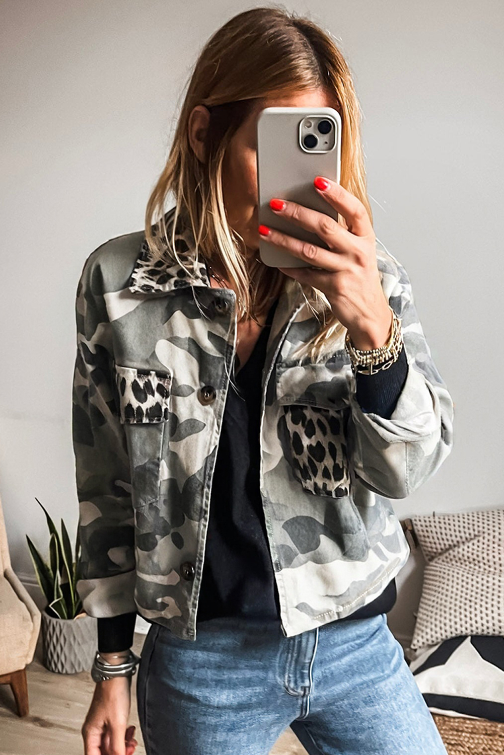 Green Camo Leopard Patchwork Flap Pocket Crop Jacket
