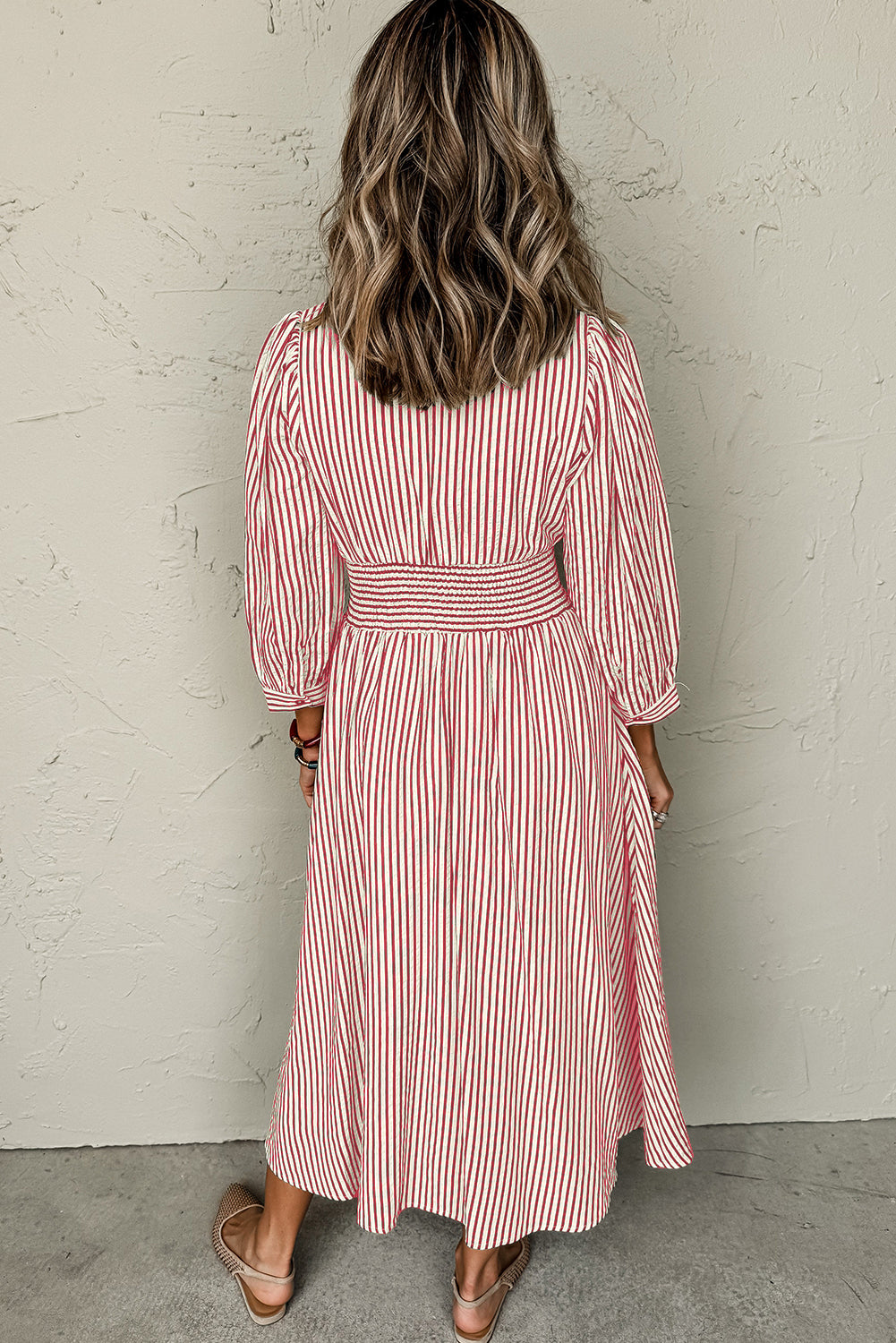 Red Stripe V Neck Zip Front Cinched High Waist Midi Dress