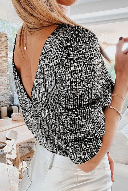 Silvery Sequin V Neck 3/4 Sleeve Top