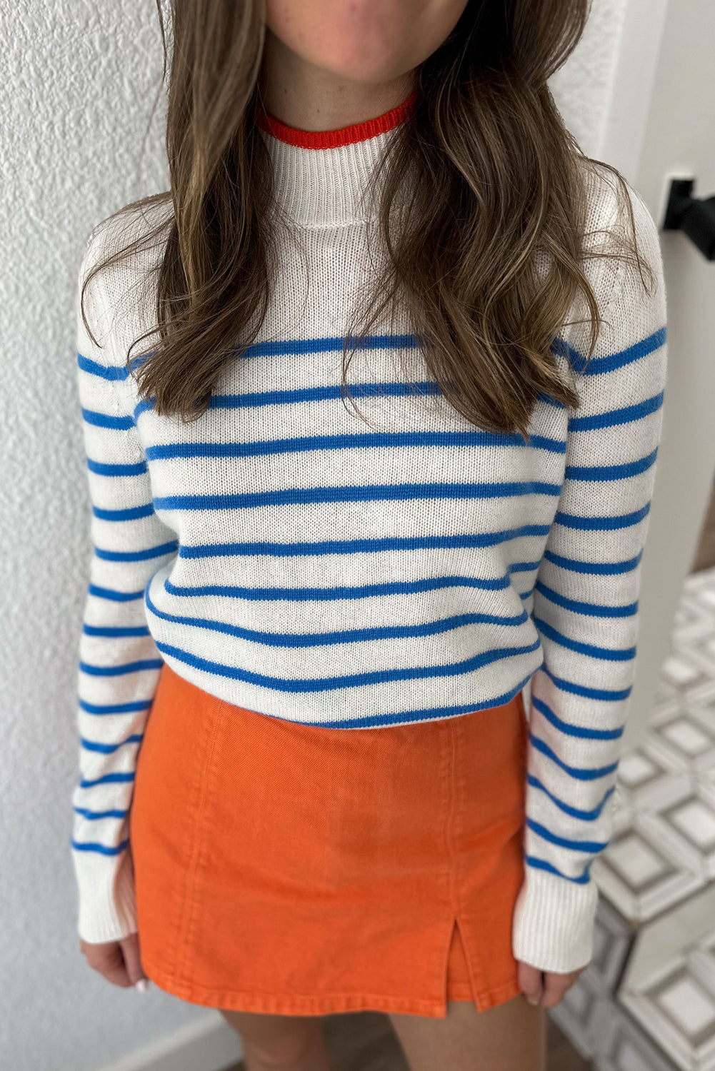 Blue Stripe High Neck Casual Sweater