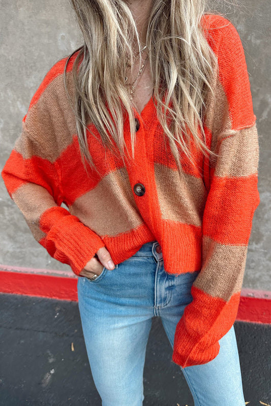 Orange Color Block Buttoned V Neck Loose Fit Cardigan