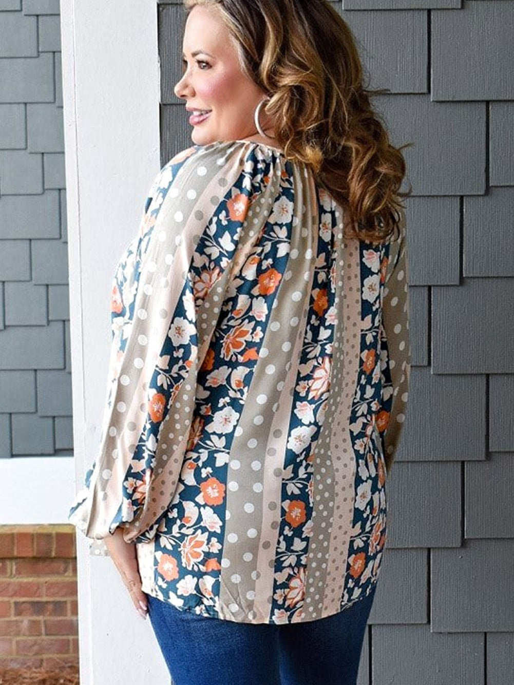 Multicolor Plus Size Mixed Print Split Neck Blouse