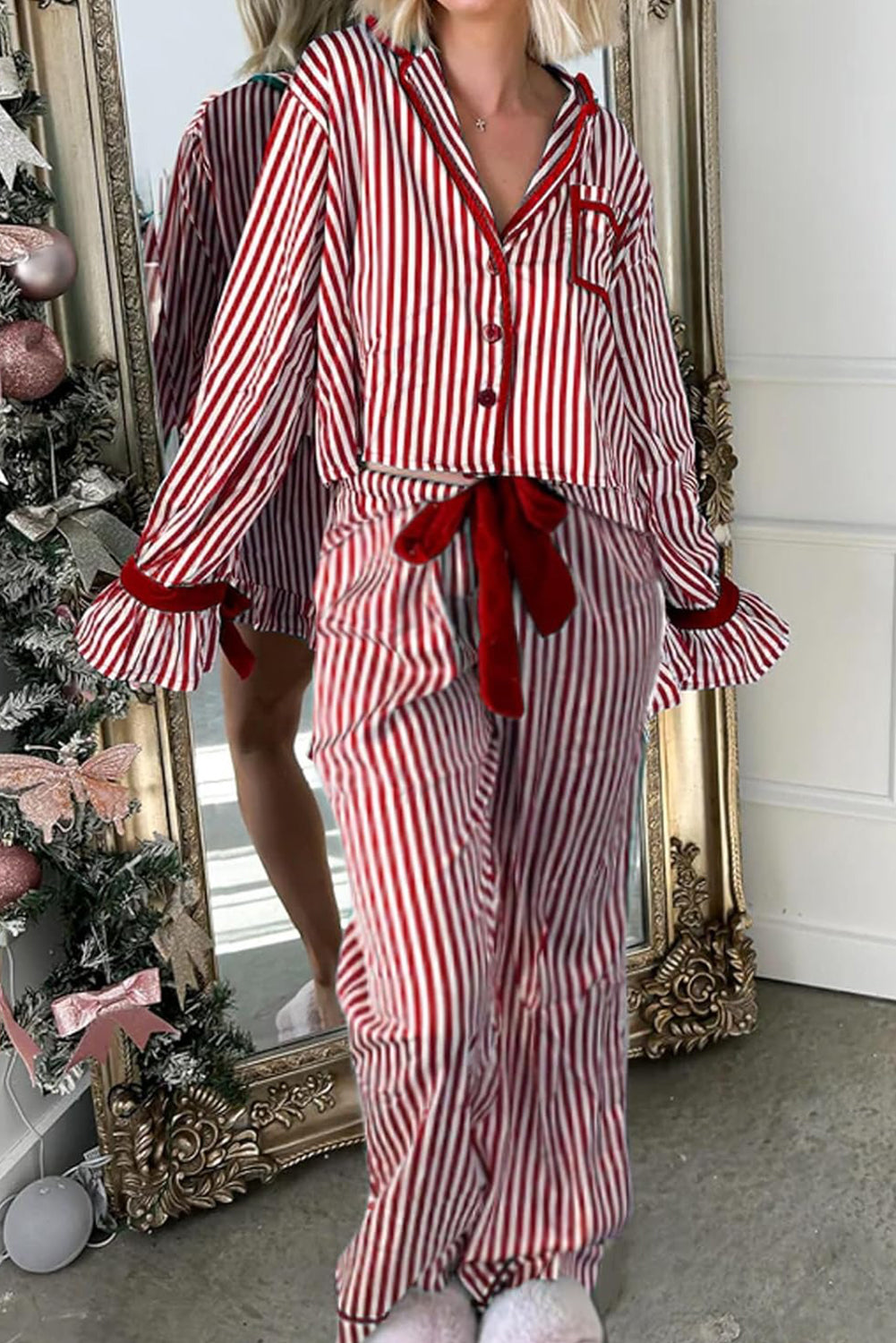 Red Stripe Contrast Velvet Trim Bow Knot Waist 2pcs Pajama Set