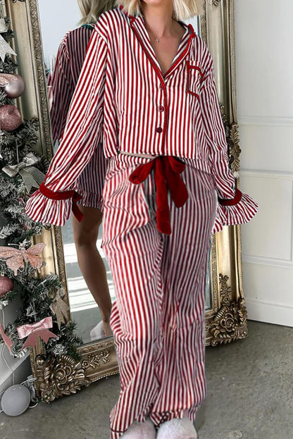 Red Stripe Contrast Velvet Trim Bow Knot Waist 2pcs Pajama Set