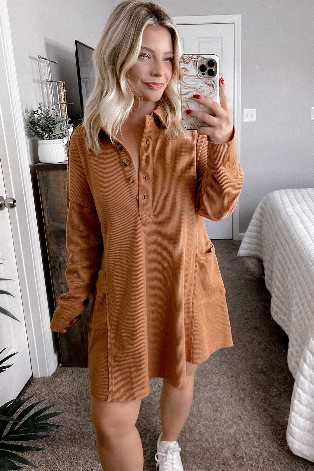 Chestnut Button Collared Split Neck Waffle Knit Dress