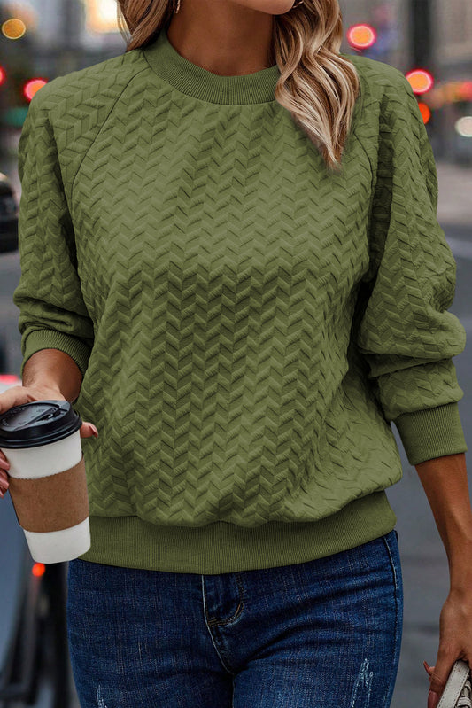 Forest Green Textured Raglan Sleeve Casual Sweatshirt