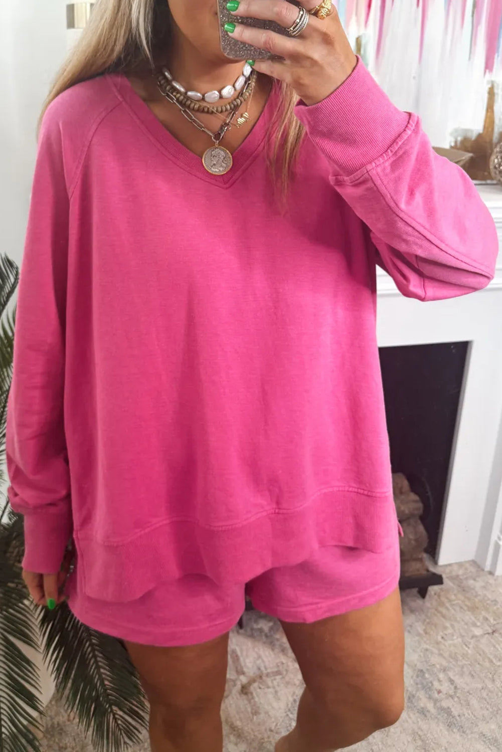 Strawberry Pink V Neck Long Sleeve Pullover Top Loose Shorts 2pcs Lounge Set