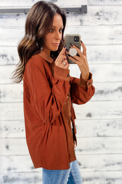 Gold Flame Velvet Flap Pockets Drop Shoulder Casual Shacket