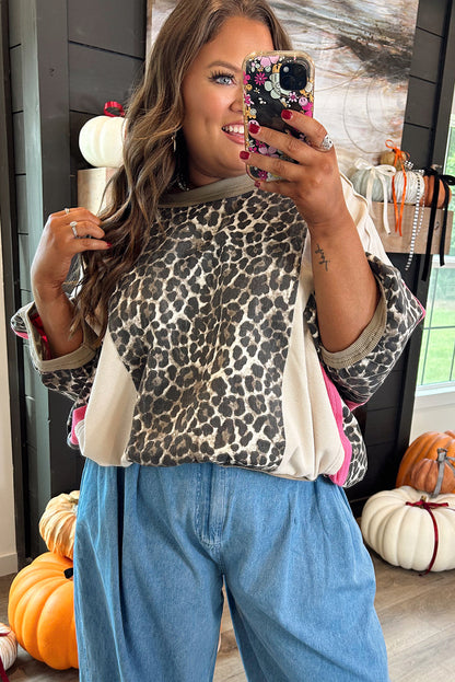 Brown Leopard Print Color Block Patchwork 3/4 Sleeve Loose Top
