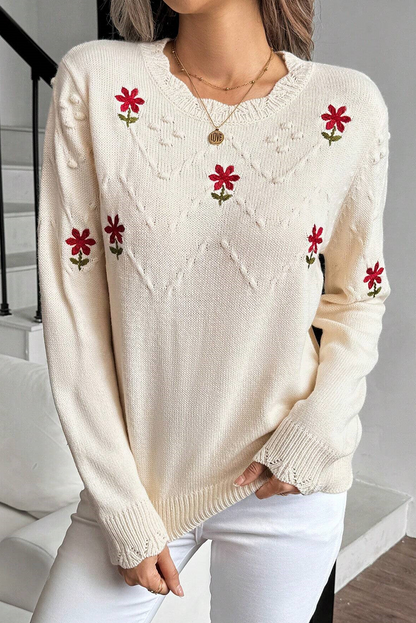 Beige Floral Embroidered Textured Detail Pullover Sweater