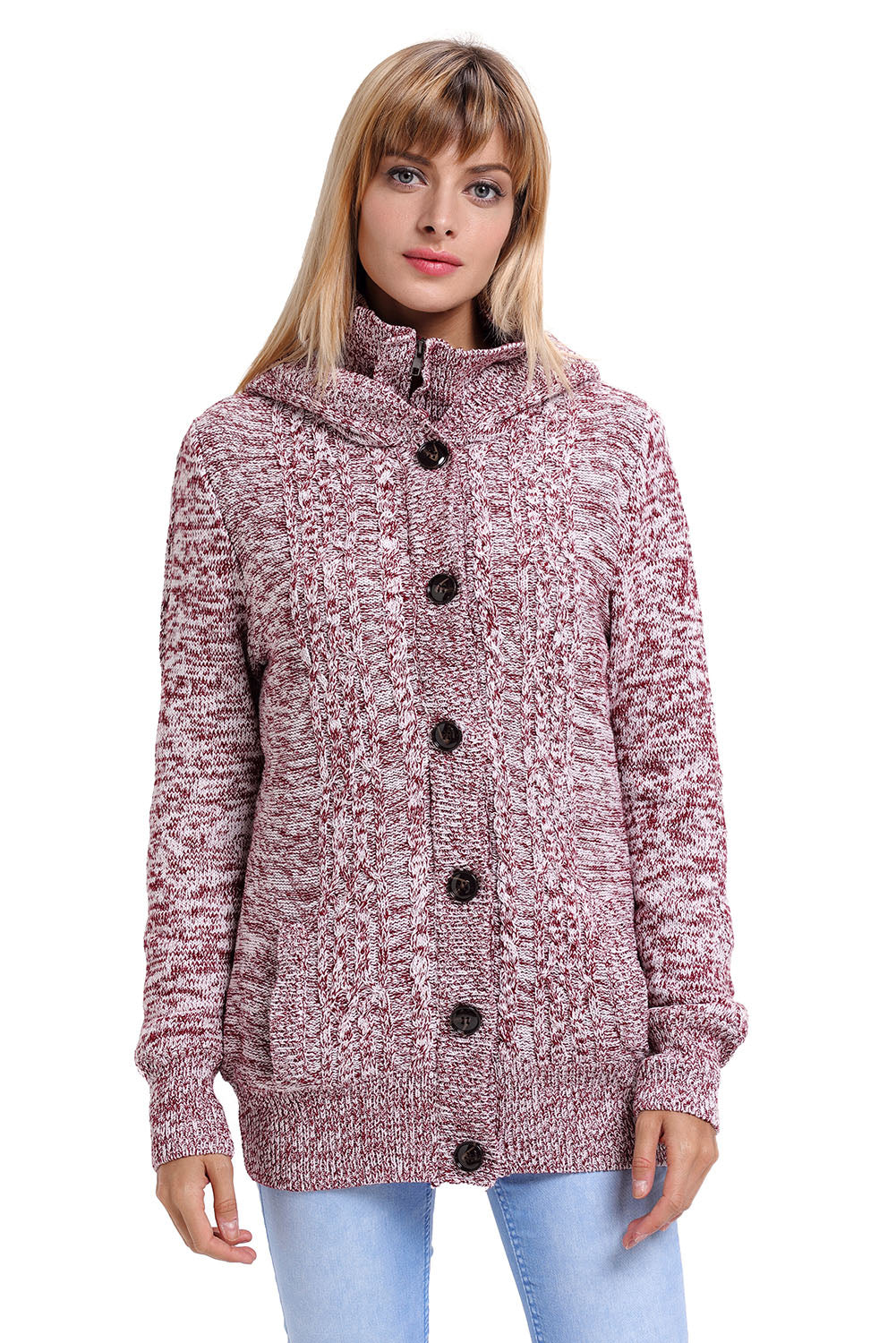 Fiery Crimson Hooded Cable Knit Sweater Coat