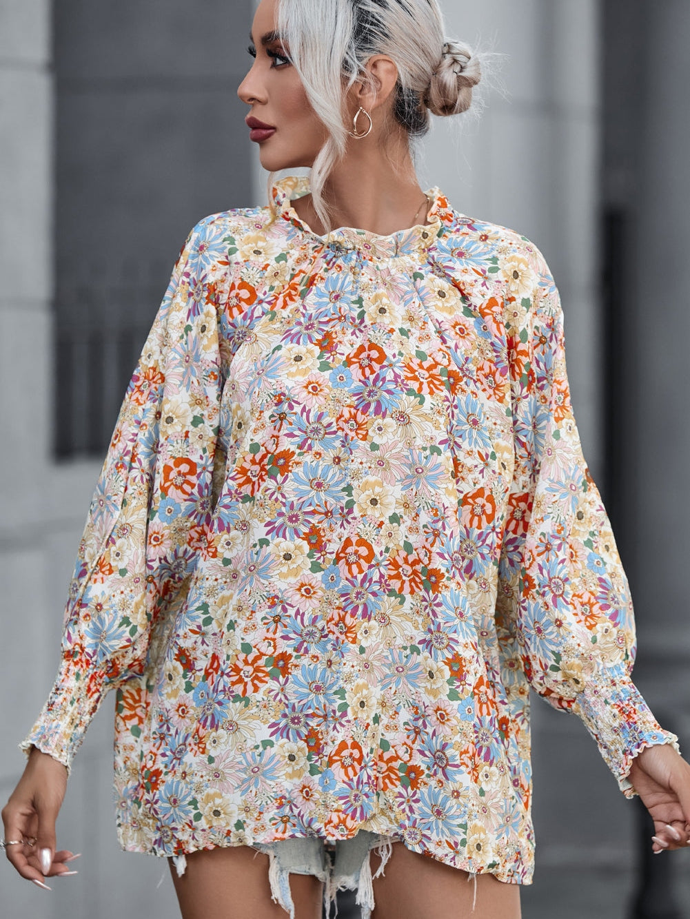 Floral Charm Multicolor Bubble Sleeve Blouse