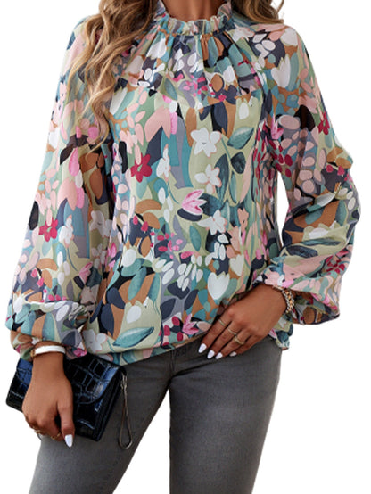 Green Floral Bubble Sleeve Frill Mock Neck Boho Top